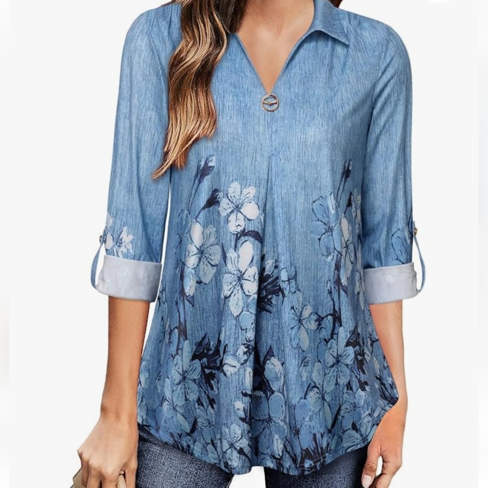 Valolia Womens 3/4 roll up Sleeve Collared V Neck Blue Medium - Picture 11 of 11